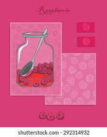 Greeting card. Raspberry Branding Design. Raspberry design set cards. Banner. Pattern complete. Invitation. Raspberry seamless pattern under mask