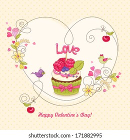 Cartão com framboesa cupcake, flores e pássaros