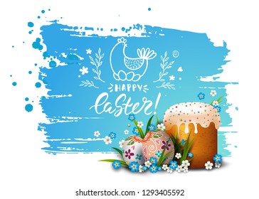 Greeting card with realistic decorated 3D eggs, flowers and cake. Vector background. Handwriting inscription Happy easter. Lettering, calligraphy. Blue sky.