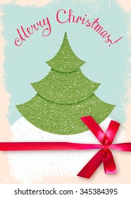 Greeting Card with a realistic red satin bow and a soft shadow. Green Christmas fir-tree on old paper and hand-drawn lettering. Retro style. Vector illustration