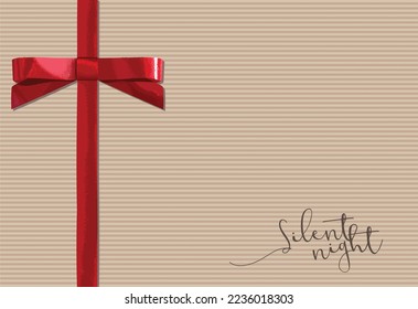 Greeting card with realistic red shiny bow on a background with a cardboard texture. Isolated vector.