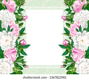 Greeting card with rectangular frame and flowers. Pink rose and white peony blossom.
