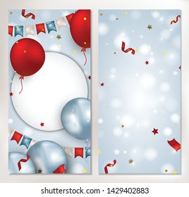 Greeting card with red, blue balloons, flag garland, confetti, sparkles, lights on the blue background. Set of birthday banners, seasonal sales, promotions, wedding events. Vector illustrations.