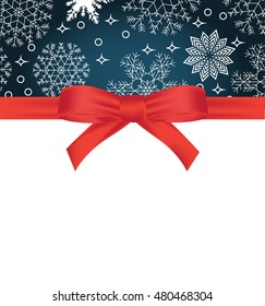 Greeting card with red bow on snowflakes background and copy space. Vector illustration
