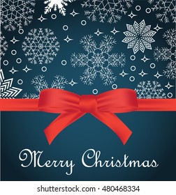 Greeting card with red bow on snowflakes background and copy space. Vector illustration