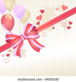 Greeting card with red bow and pink balloons