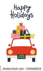 Greeting card: red car and a set of gifts