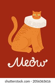 Greeting card with a red cat and lettering text Meow. Postcard for cat lover. Funny cat in a white collar. Calligraphy hand drawn text, beautiful funny simple illustration. For print, poster, mail.