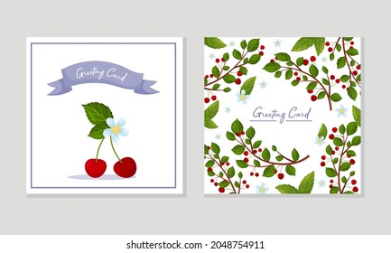 Greeting Card with Red Cherry Berry Branch and Blooming Flower Vector Template Set