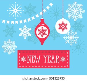 Greeting card with red Christmas ball a blue background with snowflakes. Vector illustration.