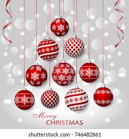 Greeting card with red Christmas balls. Holiday decorations on silver bokeh background. Vector illustration