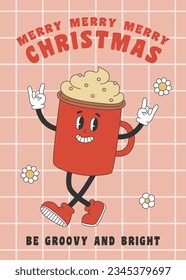 Greeting card with red cup in groovy retro style. Template for Merry Christmas and Happy New year greeting card, poster, party invitation. Vector illustration