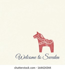 Greeting card with red dala horse - national symbol of Sweden from Dalarna