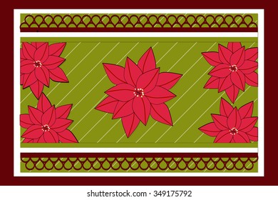 greeting card red flowers on a green background with ornament