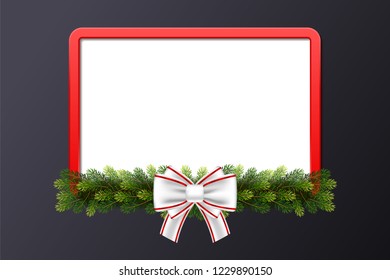 Greeting card with red frame, fir garland and bow on black background. Christmas holiday template for a business card, banner, poster, invitation with copy space. Vector illustration for your design