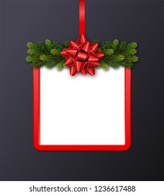 Greeting card with red frame, fir garland and bow on black background. Christmas holiday template for a business card, banner, poster, invitation with copy space. Vector illustration for your design