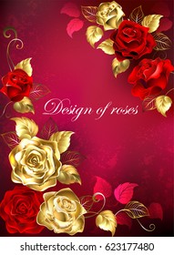 Greeting card with red and gold jewelry roses with leafs on textured background.