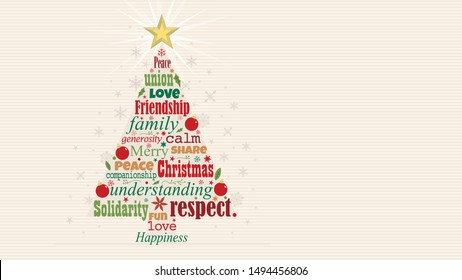 Greeting card with red and green words forming a Christmas tree with a bright star on the tip on a white background with snowflakes. Word Cloud design. Vector image