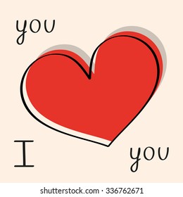 Greeting card red heart, hand lettering. I love you. Valentines Day. Vector illustration