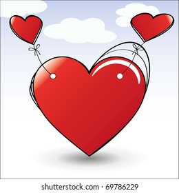 Greeting card with a red heart and two flying hearts