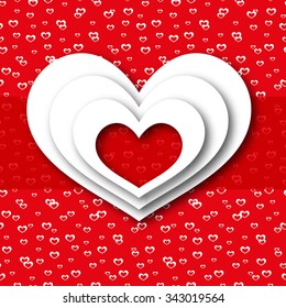 Greeting card red love heart, valentines day background, valentine,  cupid, holiday design, romantic, symbol, banner, wedding, marriage decoration, element. Vector illustration