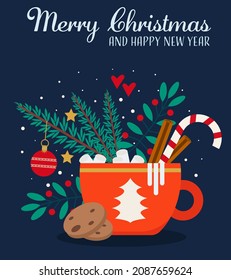 Greeting card. Red mug with cocoa or coffee, marshmallow, caramel cane, cinnamon and Christmas tree. Vector illustration.