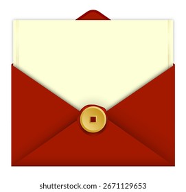 Tarjeta de felicitación en sobre abierto rojo para el año nuevo chino con cera y un remache en forma de una antigua moneda china. Espacio libre para texto. Copiar espacio. Vector realista sobre fondo blanco