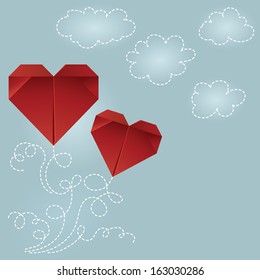 Greeting card with red origami hearts and cartoon clouds