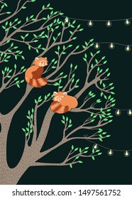 Greeting card with red pandas sitting on a tree. Vector graphics.