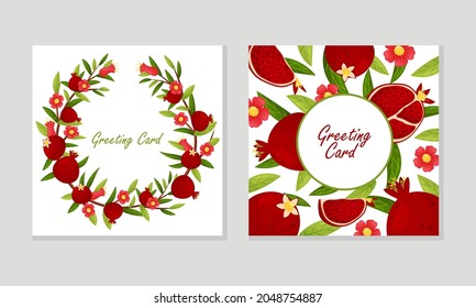 Greeting Card with Red Pomegranate Fruit and Blooming Flower Vector Template Set