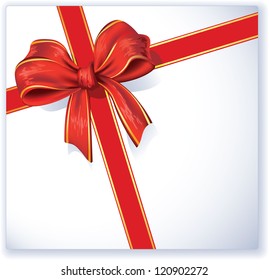 Greeting card with red ribbon and bow. Vector.