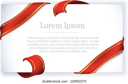 Greeting card with red ribbon and bow. Vector.