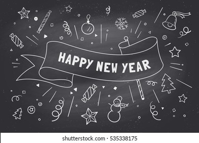 Greeting card with red ribbon and inscription Happy New Year in Christmas theme. Happy New Year and Christmas chalk background. Vector Illustration