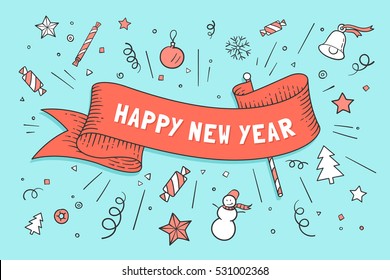 Greeting card with red ribbon on Christmas theme and inscription Happy New Year. Christmas background with snowman, christmas tree, star, candy. Vintage ribbon for Happy New Year. Vector Illustration