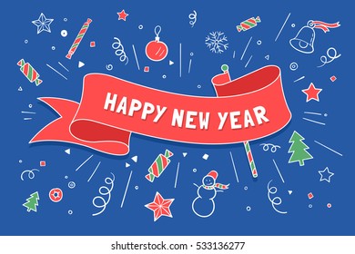 Greeting card with red ribbon on Christmas theme and inscription Happy New Year. Christmas and Happy New Year background. Vector Illustration