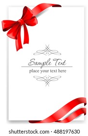 Greeting card with a red ribbon. Vector illustration. 