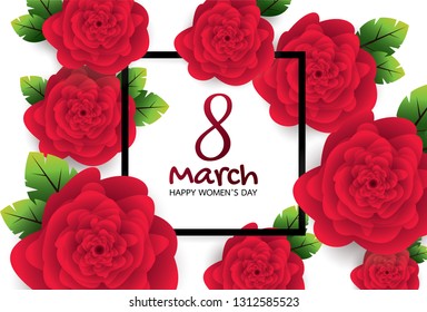 Greeting card with red rose. 8 March, Happy women's day. Vector illustration