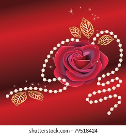 Greeting card with red rose and pearls