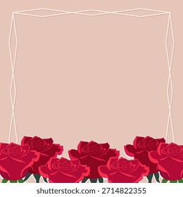 Greeting card with red roses and elegant frame. Vector illustration.