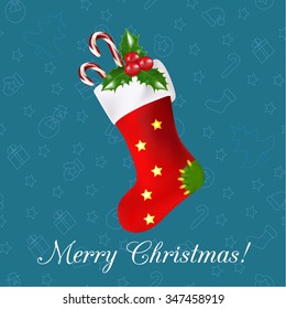 Greeting card - red sock with canes and holly on the christmas background
