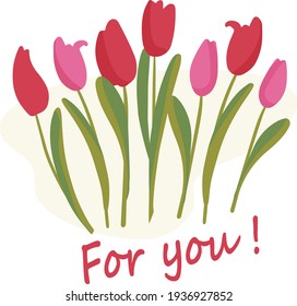 Greeting card. Red tulips for your favorite woman or girlfriend. Flowers are the best gift for any holiday. Flat vector illustration. 