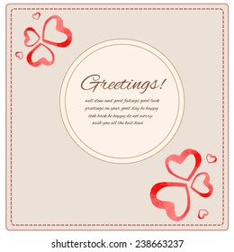 Greeting card with red watercolor hearts. Vector illustration.