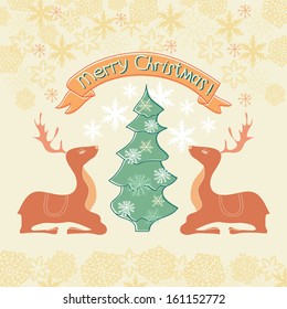 Greeting card with reindeer and Christmas tree