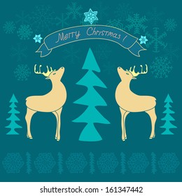 Greeting card with reindeer and christmas tree