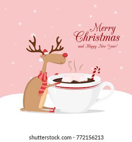 Greeting card and reindeer which sits and coffee cup the snow  Merry Christmas   happy New Year 
