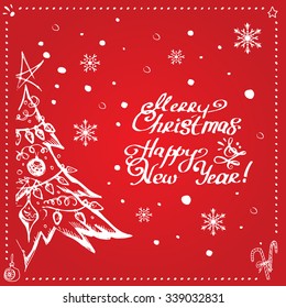 greeting card in retro style, old school, vintage postcard, Christmas Tree, merry christmas Happy New Year!