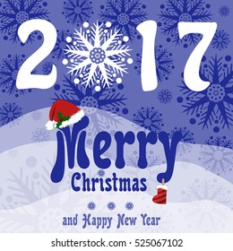 Greeting card in retro style. Snow drifts, beautiful snowflakes and the words Merry Christmas with red hat and boots on the letters. Flat.