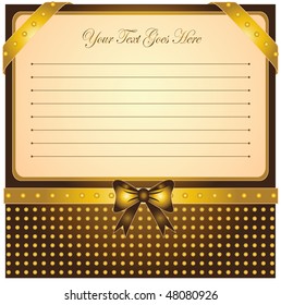 Greeting card with ribbon for invitation or congratulation. Golden vintage background design.