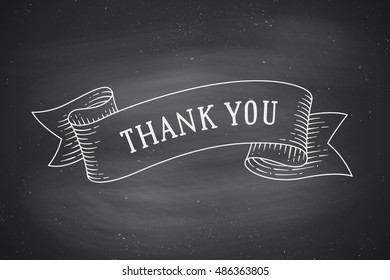 Greeting card with ribbon and phrase Thank you. Old ribbon banner in engraving style for Thanksgiving Day. Old school hand drawn vintage ribbon for message, card or banner. Vector Illustration