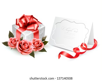 Greeting card with a ribbon, a present and three roses. Holiday background. Vector.